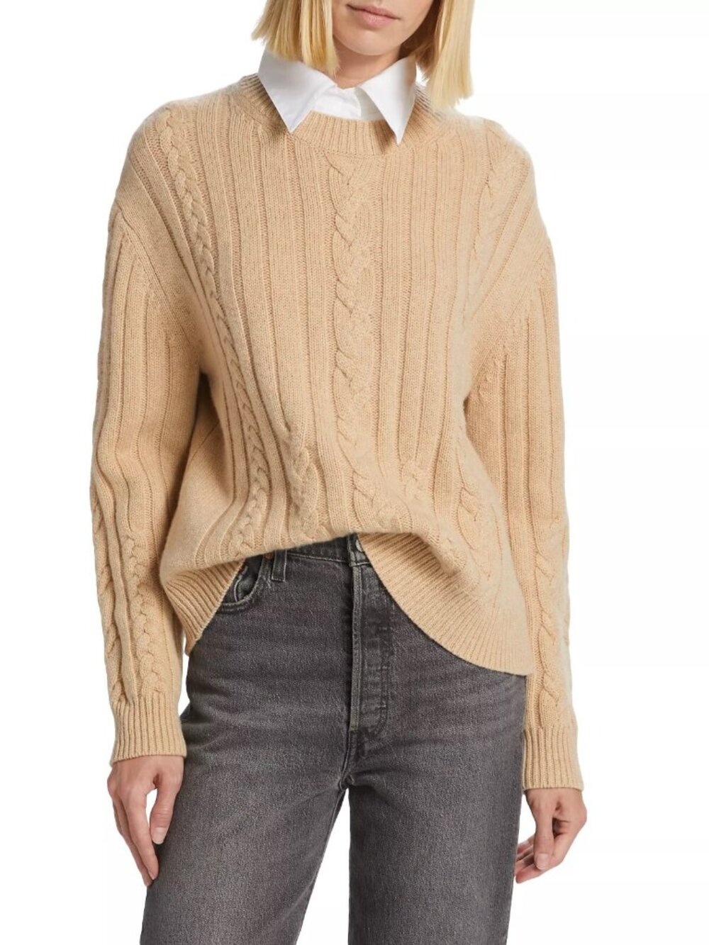 $895 TWP Women's Boy Collared Cable Knit Cashmere Sweater Pullover Camel Size XS